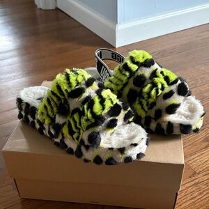 UGG Neon Yellow Black Leopard Faux-Fur Slide Sandals